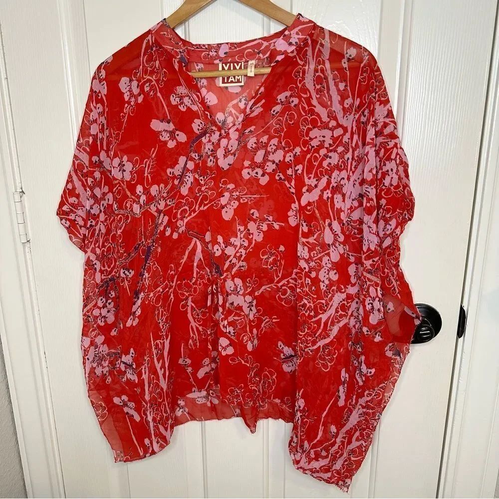 Vivienne Tam Red Pink Floral KaftanโPoncho Tunic XS Coastal Resort Boho Beach